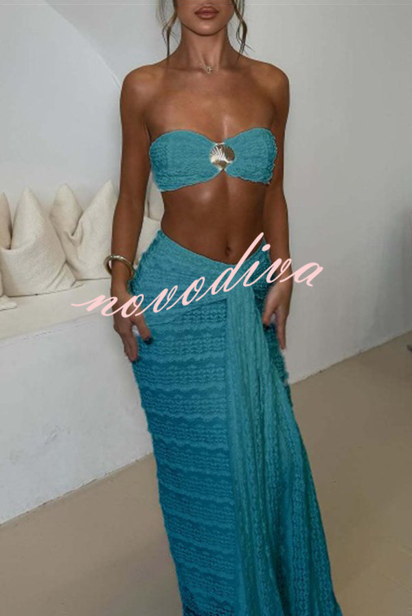 Fashion Metal Shell Embellished Sexy Bandeau and Elastic Tie Maxi Skirt Set