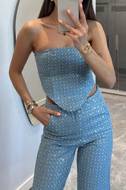 Fashionable Look Denim Sequin Textured Tube Top