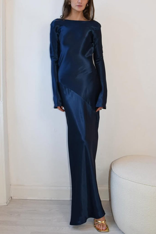 Satin Elegant Long-sleeved Open-back Slim-fit Slit Maxi Dress