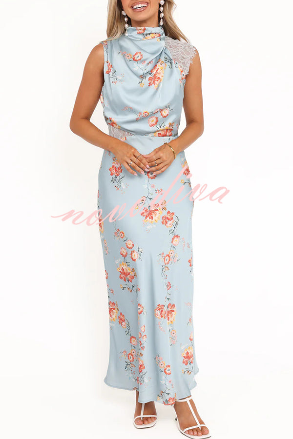 Anabelle Satin Lace Detail Floral Print High Cowl Neck Maxi Dress