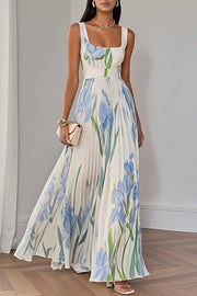 Floral Print Square Neck Suspender Pleated Maxi Dress