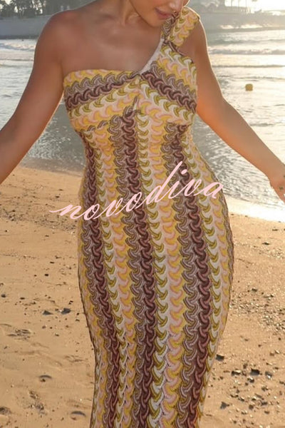Colorful Zigzag Pattern Lace One-shoulder Slim Vacation Midi Dress