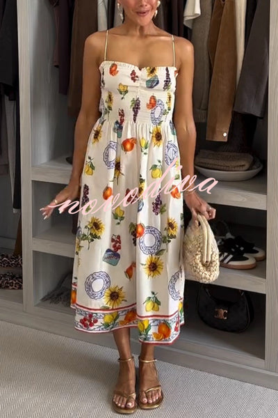 Summer Fruit Print Sling Pleated Vacation Midi Dress
