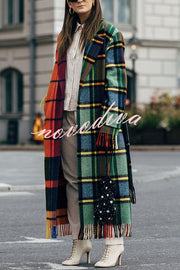 Fashionable Color-block Plaid Print Lapel Long-sleeved Casual Long Coat