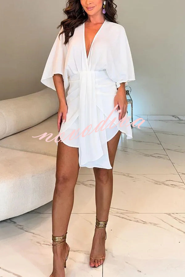 Solid Color V-Neck Half Sleeve Casual Irregular Mini Dress