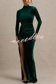 Wishes Velvet High Neck Long Sleeve Ruched Waist Wrap Slit Stretch Maxi Dress