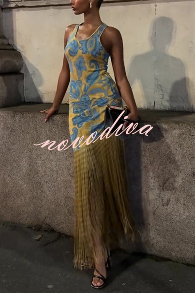 Unique Print Sleeveless Fitted Fringed Hem Maxi Dress