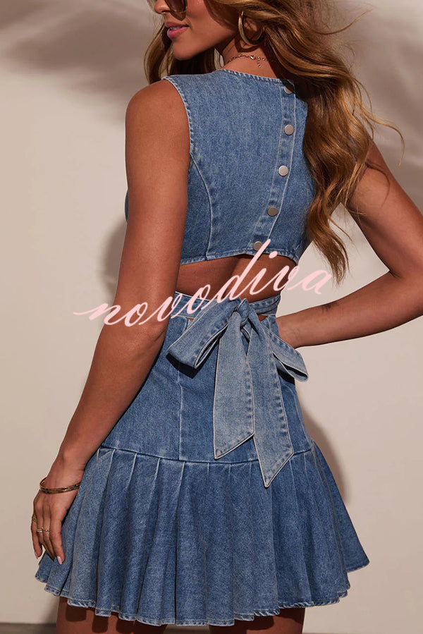Fashionable Spliced Back Hollow Lace-up Pleated Slim-fit Denim Mini Dress