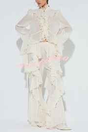 Fashionable Ruffled Elastic Waist Holiday Style Flared Pants