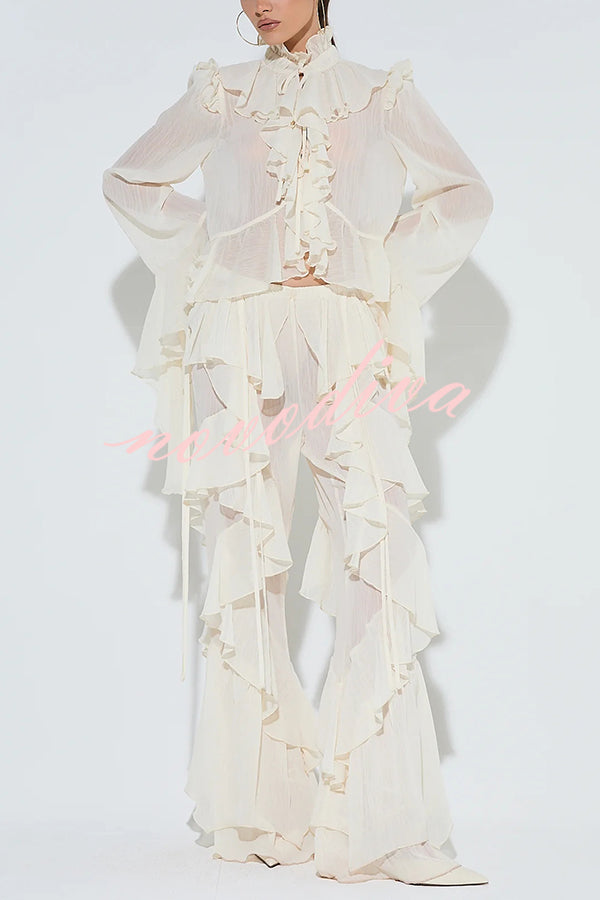 Fashionable Ruffled Elastic Waist Holiday Style Flared Pants