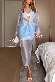 Simple and Light See-through Fabric Tie-up Long Sleeve Pocket Lapel Blazer