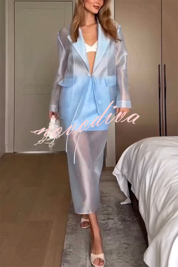 Simple and Light See-through Fabric Tie-up Long Sleeve Pocket Lapel Blazer