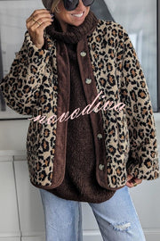 Warm Feel Colorblock Leopard Print Plush Button Up Pocketed Teddy Jacket