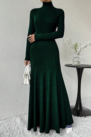 Solid Color High-neck Long-sleeved Slim-fit Fishtail Elegant Maxi Dress