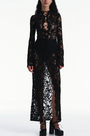 Garcelle Floral Lace Lace-up Long Bell Sleeve Slit Midi Dress