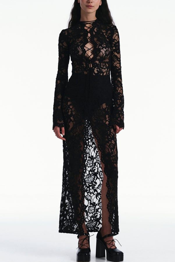 Garcelle Floral Lace Lace-up Long Bell Sleeve Slit Midi Dress