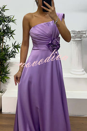 Nasha Satin Pleated One Shoulder Petal Gemstone Detail Pocket Slit Maxi Dress