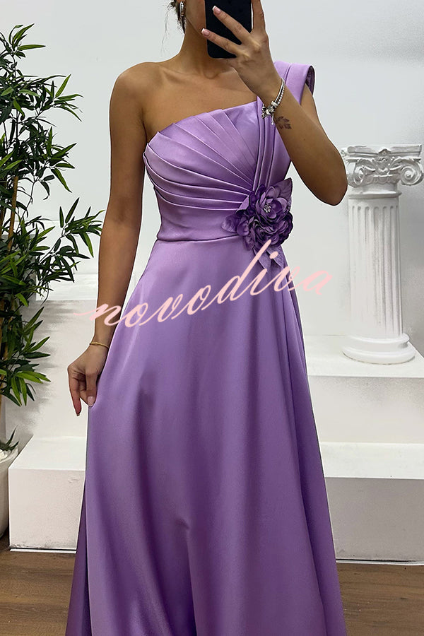 Nasha Satin Pleated One Shoulder Petal Gemstone Detail Pocket Slit Maxi Dress