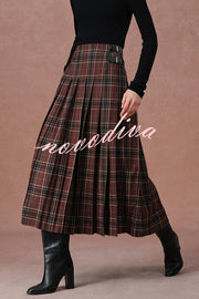 Yehudit Plaid Belt Buckle Design High Rise Pocket Midi Umbrella Skirt