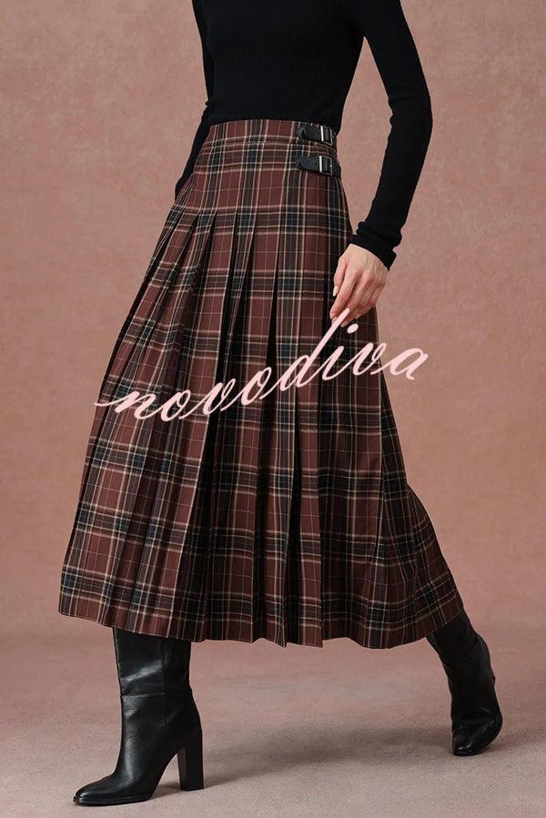 Yehudit Plaid Belt Buckle Design High Rise Pocket Midi Umbrella Skirt