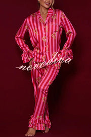 Festive Season Long Candy Stripe Tiered Bell Cuffs Elastic Waist Pocketed Pajama Set