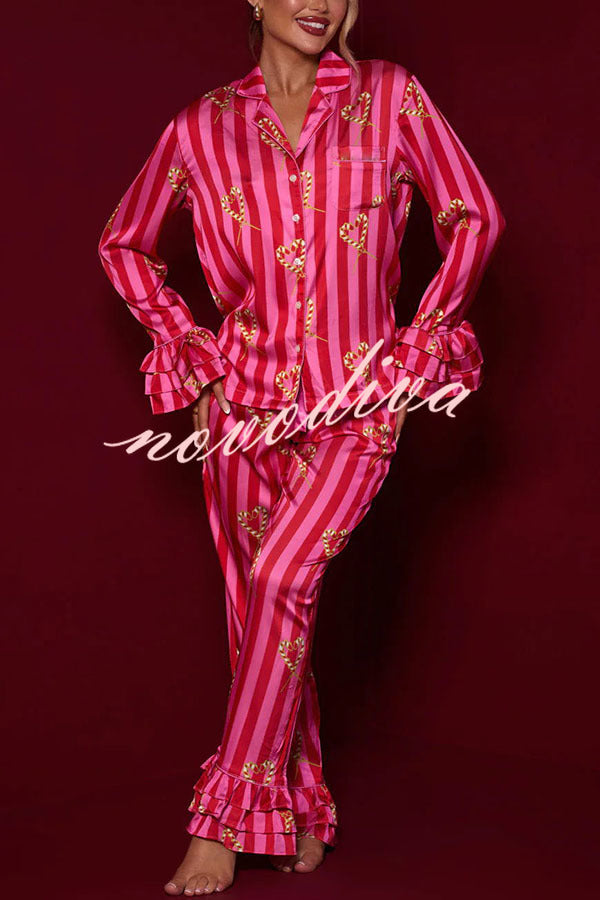 Festive Season Long Candy Stripe Tiered Bell Cuffs Elastic Waist Pocketed Pajama Set