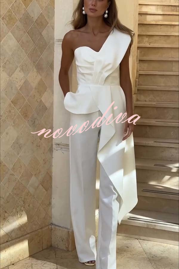 Amena One Shoulder Sweetheart Neck Ruffle Hem Top and Elastic Waist Pocket Wide Leg Pants Set