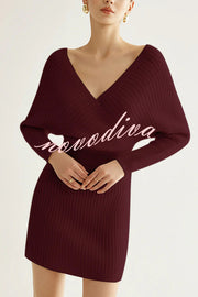 Solid Color Crossover V-neck Long-sleeved Fitted Waist Knit Mini Dress