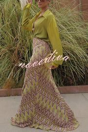 Moonlit Waltz Knit Jacquard Zigzag Print High Rise Stretch Flare Maxi Skirt