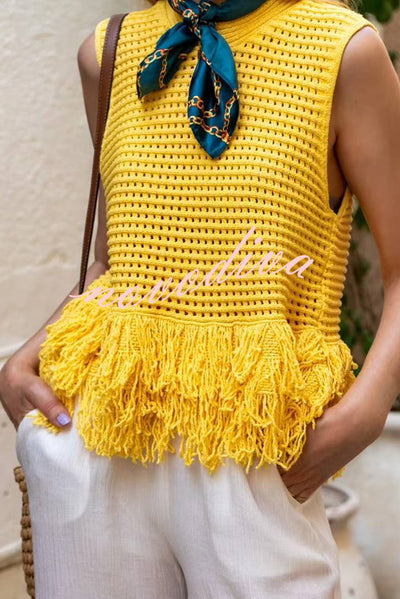Solid Color Round Neck Sleeveless Hollow Tassel Loose Vest