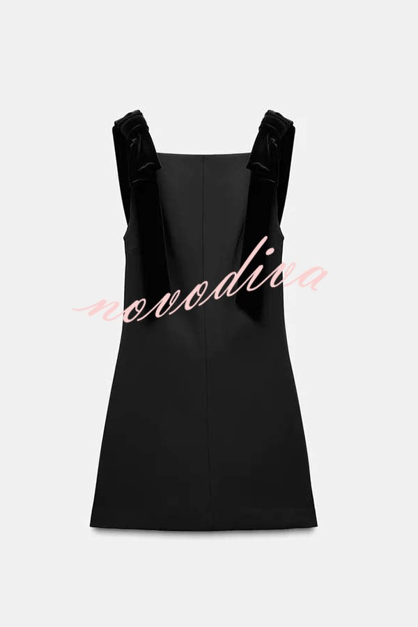 Miss Hepburn Velvet Bow Straps Straight Neckline Loose Mini Dress