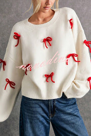 Christmas Bow Round Neck Loose Long Sleeve Knitted Sweater