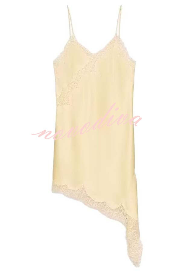 Elouise Satin Lace Trim V-neck Asymmetrical Hem Slip Mini Dress