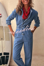 Carey Denim Button Up Long Sleeve Elastic Waist Pocketed Loose Jumpsuit