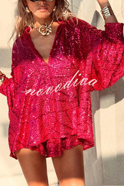 Fashion Sequin V-neck Long Sleeve Loose Top and Elastic Waist Casual Shorts Set