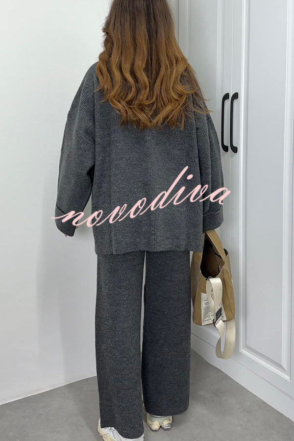 Solid Color Loose Long-sleeved Knit Top and Elastic Waist Casual Straight Leg Pants Set
