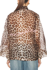 Arianne Chiffon Leopard Print Bow Neck Long Balloon Sleeve Loose Blouse