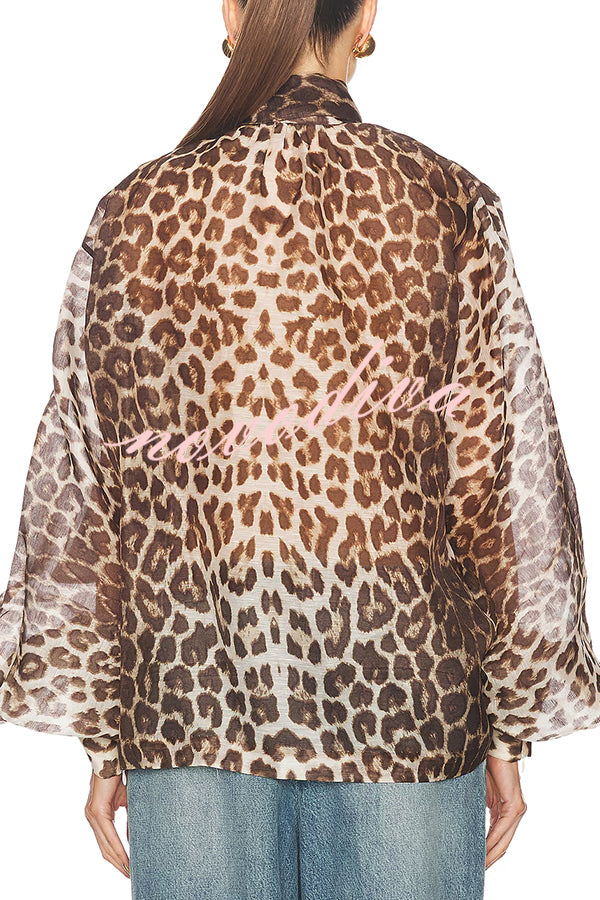 Arianne Chiffon Leopard Print Bow Neck Long Balloon Sleeve Loose Blouse