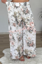 Linen Blend Crew Neck Long Sleeve Irregular Loose Top and Elastic Waist Floral Print Casual Pocket Set