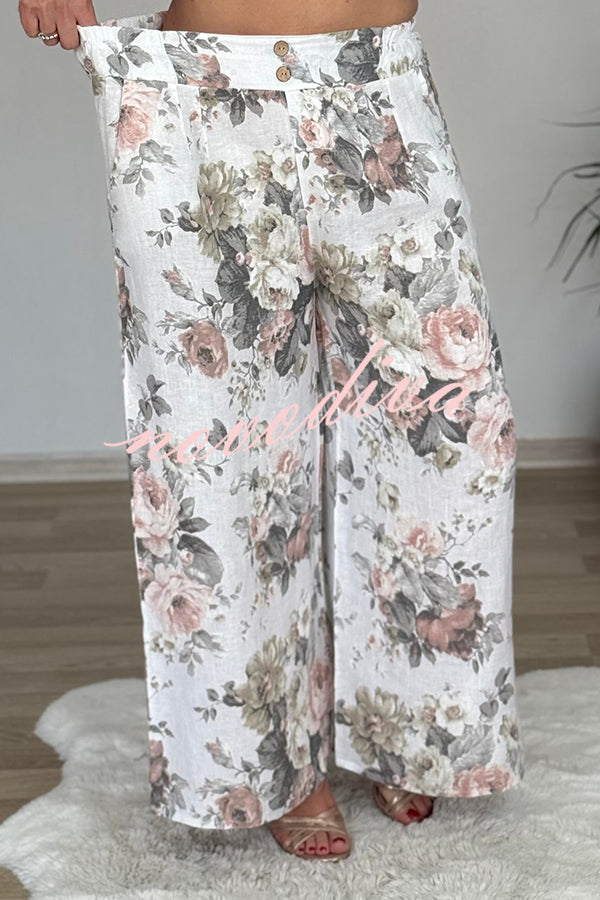 Linen Blend Crew Neck Long Sleeve Irregular Loose Top and Elastic Waist Floral Print Casual Pocket Set