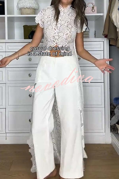 Elegant Personality Floral Lace Short Sleeve Front Slit Maxi Top