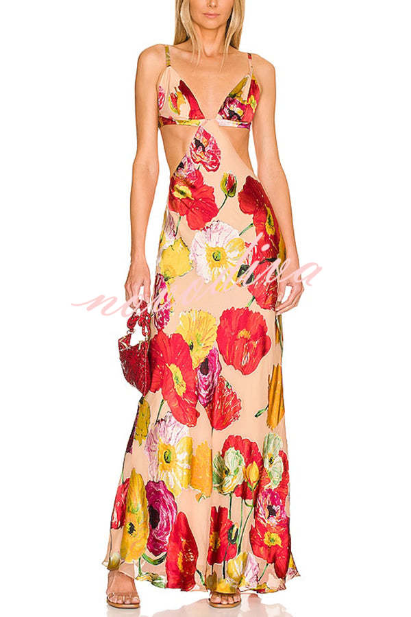 Hawaiian Dreams Satin Floral Print Cutout Backless Maxi Dress