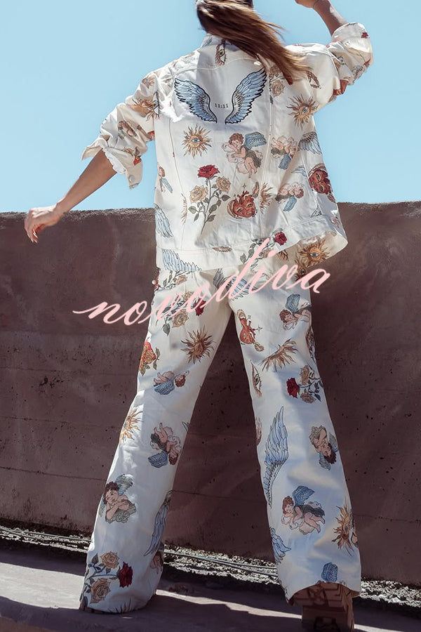 Angel Wings Denim Unique Print Mid Rise Pocket Loose Pants