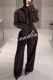 Vintage Plaid Shoulder Pad Buttons Long Sleeve Angled Hem Shirt
