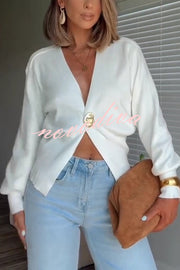 Only Yours Knit Metal Leaf Shape Button Lantern Sleeve Relaxed Cardigan