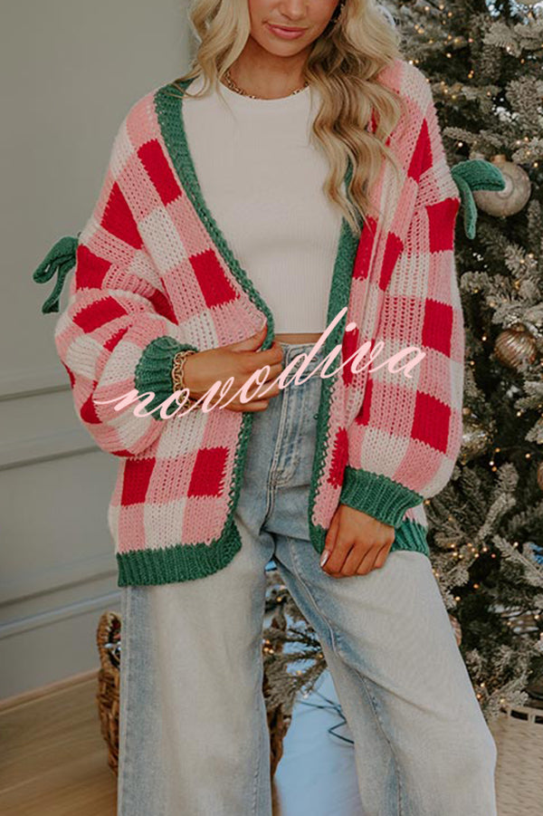 Holiday Cozy Checkered Knit Color-blocked Plaid Bow Long-sleeved Cardigan