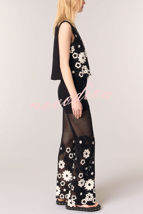 Fashion Embroidered Hollow Hook Elastic Waist Casual Wide-leg Pants