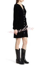 Solid Color Velvet Long-sleeved V-neck Lace-up Mini Dress