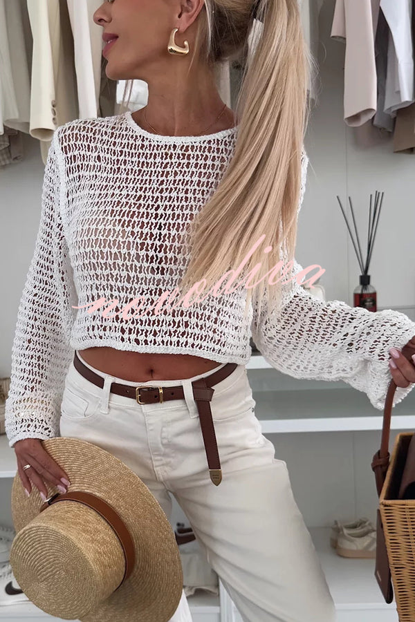 Fashion Knitted Hollow Long Sleeve Round Neck Holiday Cover Up