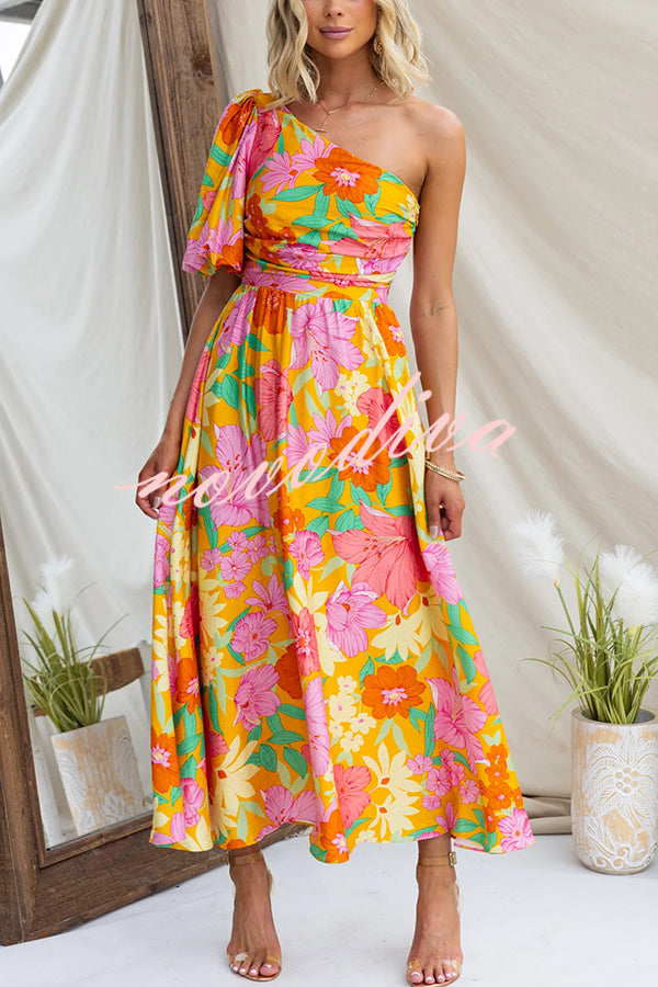 Coriene Floral Print One Shoulder Puff Sleeve Maxi Dress